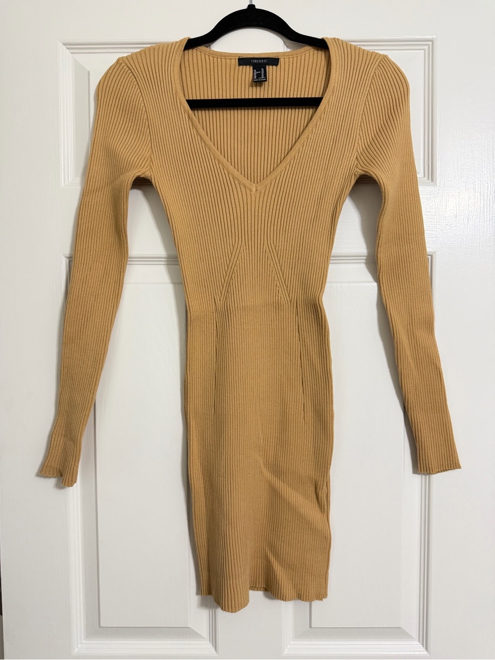 Ribbed V-Neck Long Sleeve Bodycon Dress - Mustard